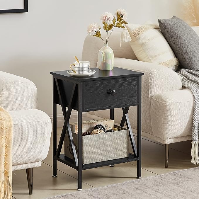 VECELO Nightstands Set of 2,End Tables with Storage Shelf&Fabric Drawer,Side Tables for Bedroom,Living Room,Small Spaces,Black