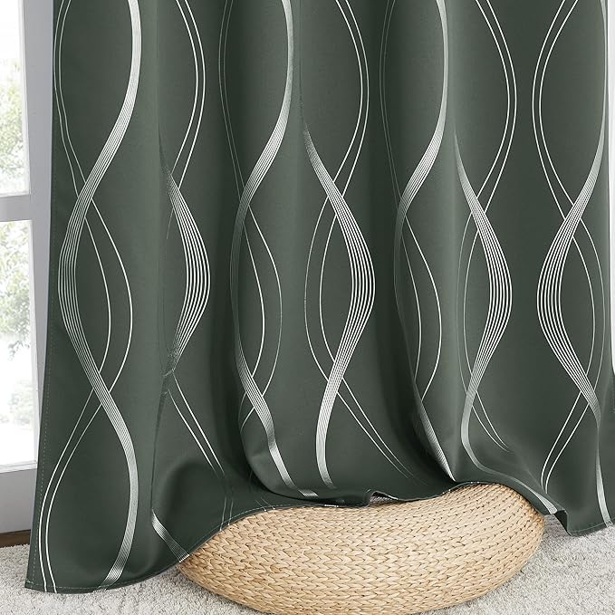 NICETOWN Blackout Curtains 84 inch Length 2 Panels Set, Dark Mallard, 52" x 84", Noise Reducing Thermal Insulated Wave Line Foil Print Design Blackout Curtains for Hall Closet Villa Door