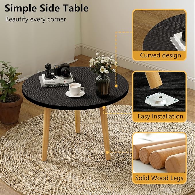 Round Coffee Table Low Table with 3 Solid Wood Sturdy Legs, Floor Table Desk for Sitting on The Floor, Storage and Living Room Furniture (Black)