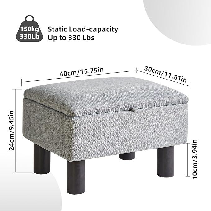 Foot Rest for Couch, Foot Stool Ottoman with Wood Legs, Linen Upholstered Ottoman with Storage 16x12x9.5inch Flip Top Small Stool for Living Room Dorm Blue Gray YD-JD1362