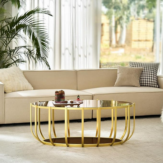 Saint Mossi Glass Oavl Coffee Table for Living Room, Modern 2-Tier Glass Center Table, Brown Glass Top with Gold Finish Legs & Frame, L42.5xW23xH16.5