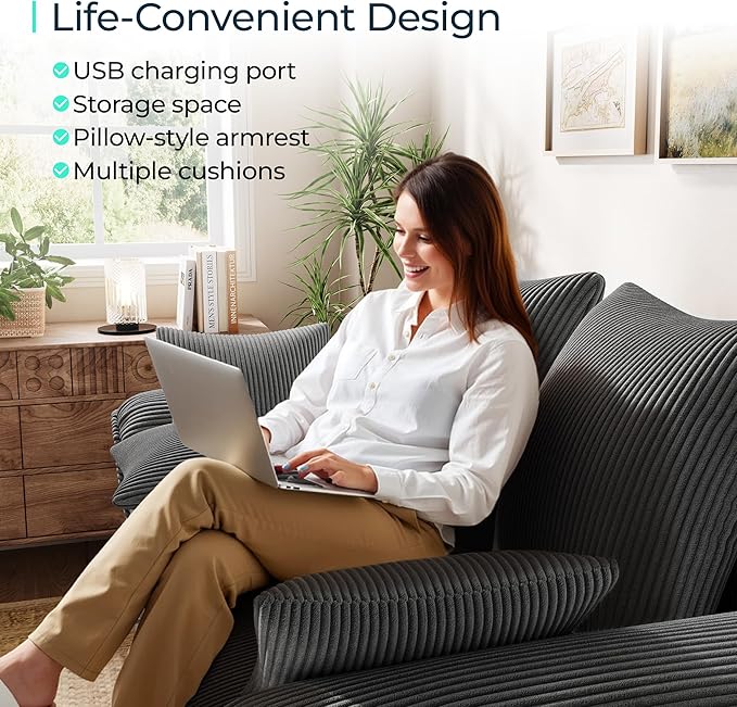 LINSY HOME 90.5'' Sectional Sleeper Sofa with Pull Out Couch Bed Modular (Gray, 90.5'') | USB Charging, Pillow-style Armrest, Multiple Cushions, Storage Chaise, Corduroy Fabric