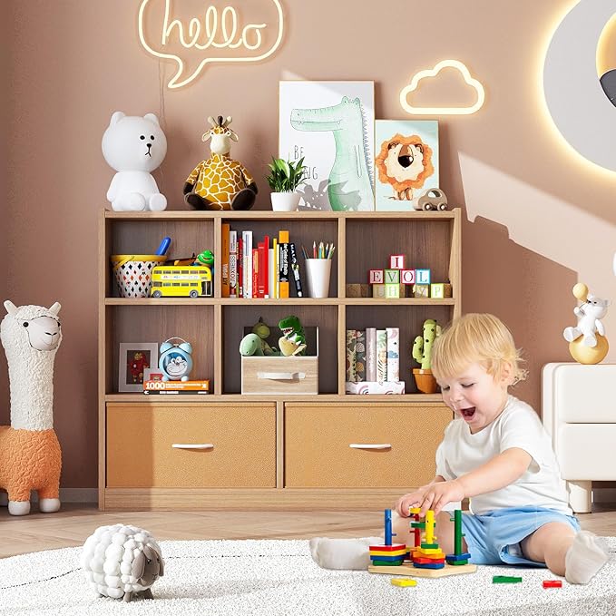 Cube Bookshelf Storage Organizer Bookcase,8 Cube Open Mid-Centur Shelf,Freestanding Display Bookshelve, Modern Wide Toy Shelf with Drawers for Bedroom Living Room Office (Natural)