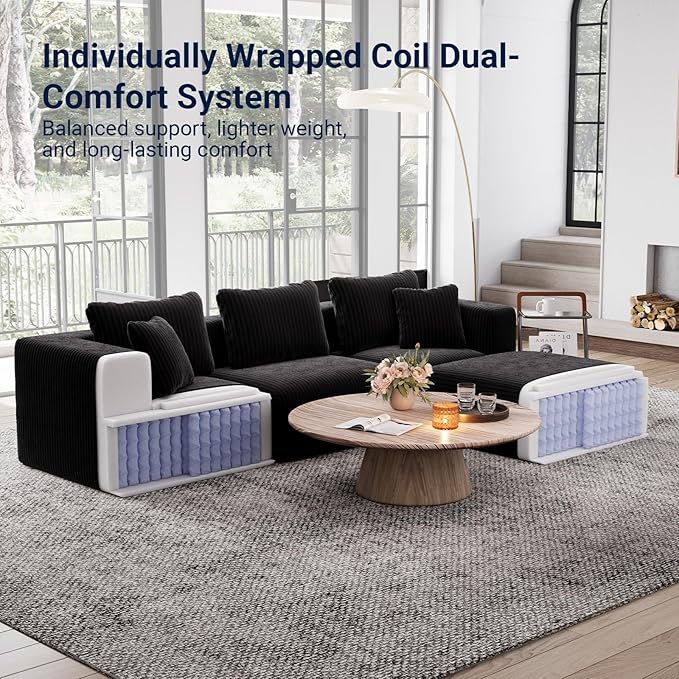 Avenco 106” L-Shaped Modular Sectional Sofa Couch with Ottoman, Individually Wrapped Coil Support & Corduroy Fabric, Zero Assembly 4-Piece Set for Living Room, Black