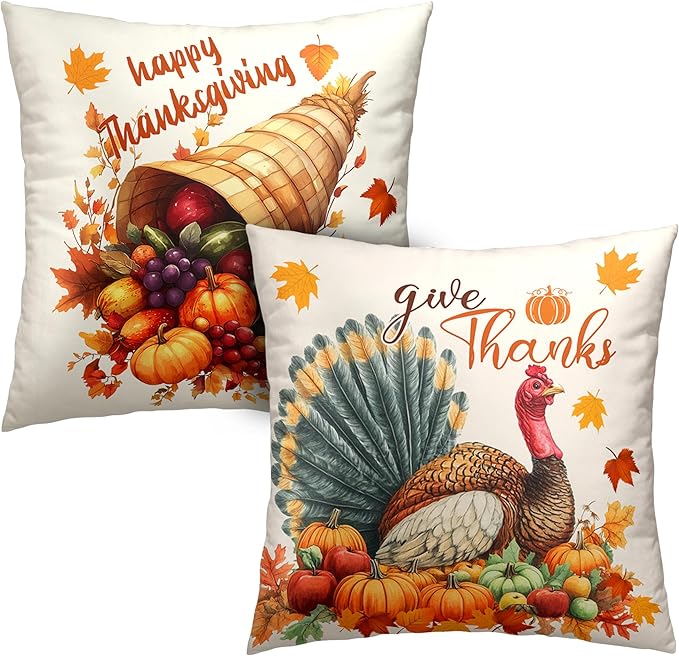 Set of 2 Thanksgiving Throw Pillow Covers 18x18 Turkey with Autumn Pumpkin Pillow Covers Fall Harvest Pillow Case Square Cushion Case for Living Room Couch