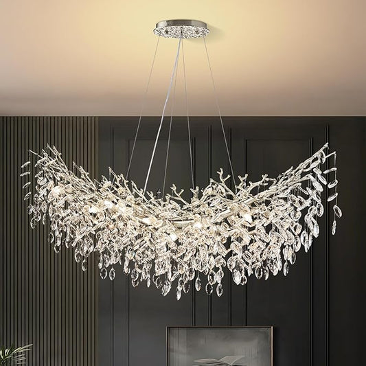 Modern Chrome Rectangular Chandelier for Living Room, 55" Luxury K9 Crystal Raindrop Light Contemporary 16 Light Tree Branch Chandelier for Kitchen Island, Living Room, Dining Room