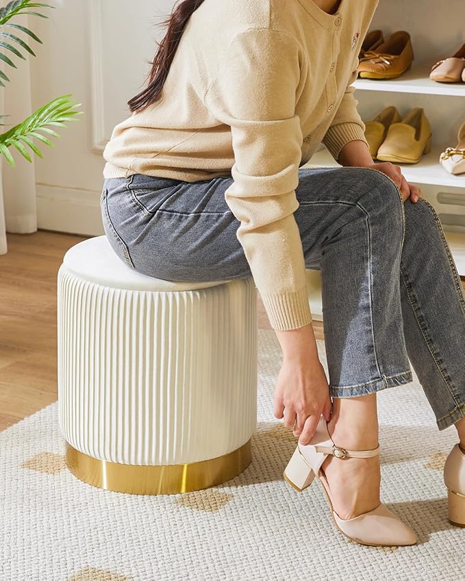 IBUYKE Round Storage Ottoman Set of 2 Ottoman for Dorm Vanity Stool with Storage Velvet FootStools End Table Boucle Ottoman for Home Organization White UWBD016W