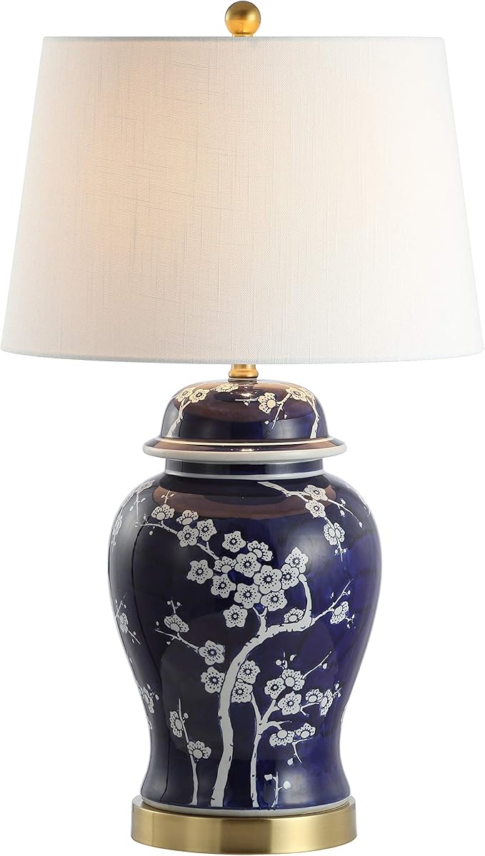 JONATHAN Y 29.5" White/Navy Blue Traditional Ceramic Ginger Jar Table Lamp for Living Room, Chinoiserie Asian Bedside Lamp with White Linen Shade and LED Bulb Included JYL3047A