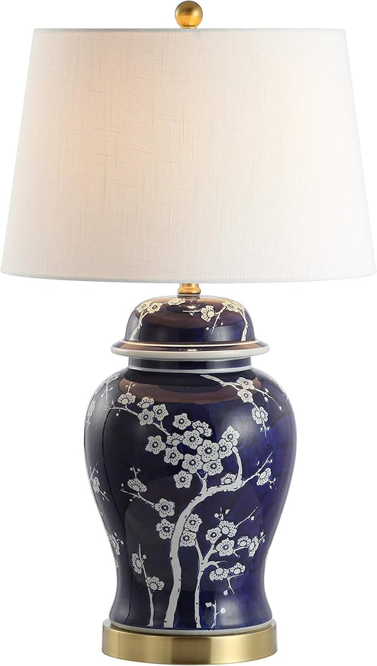 JONATHAN Y 29.5" White/Navy Blue Traditional Ceramic Ginger Jar Table Lamp for Living Room, Chinoiserie Asian Bedside Lamp with White Linen Shade and LED Bulb Included JYL3047A
