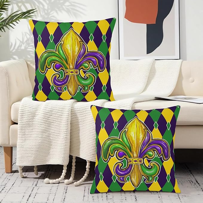 Mardi Gras Pillow Covers 20x20 Set of 2 Purple Gold Green Fleur De Lis Outdoor Throw Pillow Covers Holiday Farmhouse Cushion Covers for Home Sofa Couch Party Decor