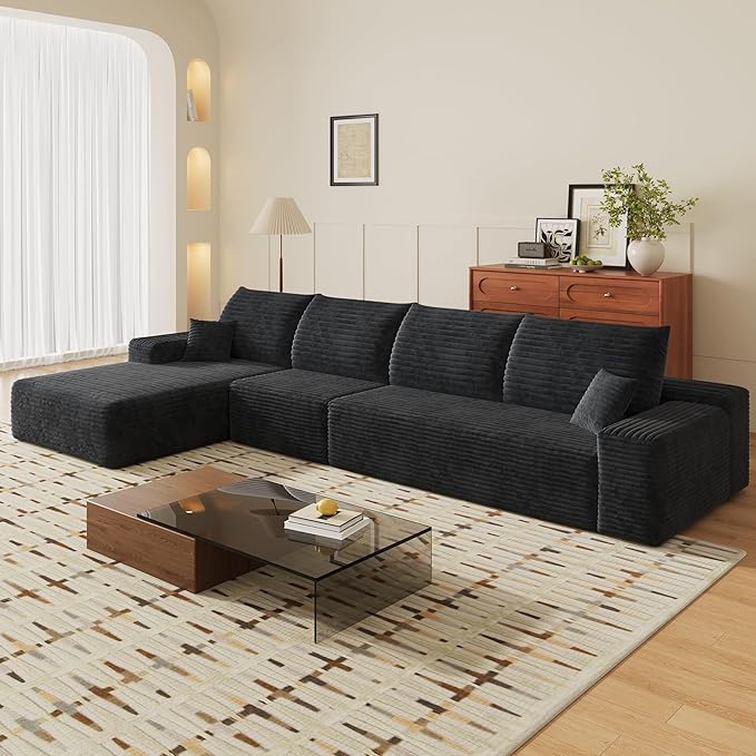 135" Corduroy Couch Sectional with Chaise, L Shape Boneless Cloud Couches for Living Room Bedroom, Modular Corner Couch, Fluffy Deep Seat Compression Sofa, Left Facing Chaise, No Assembly, Black