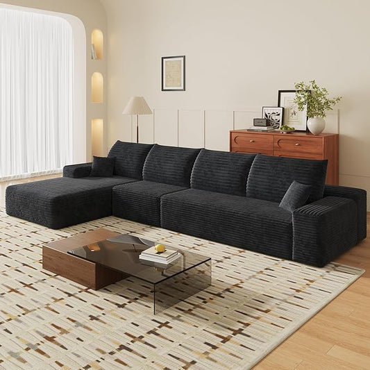135" Corduroy Couch Sectional with Chaise, L Shape Boneless Cloud Couches for Living Room Bedroom, Modular Corner Couch, Fluffy Deep Seat Compression Sofa, Left Facing Chaise, No Assembly, Black