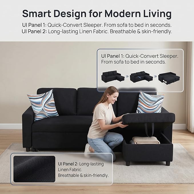 Pull Out Couch, L Shaped Sectional Couch with Pull Out Bed, Convertible Sofa Bed with Storage Chaise, Queen Size Sleeper Sofa, Sofa Bed Couch, Sleeper Sofa with Storage, Black