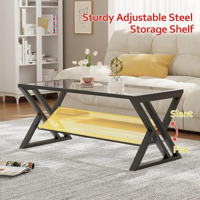 Glass Coffee Table Living Room Table with Storage Shelf, Black Glass Table Simple Modern Rectangular Tables with Sturdy Black Metal Frame,Industrial Glass Coffee Table for Bedroom Home Office