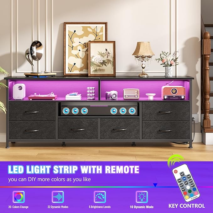 Furologee TV Stand for 65 70 Inch TVs, 63 Inch Entertainment Center Dresser for Bedroom, 6 Drawers Dresser with Power Outlets and LED Lights, Media Console with PU Leather Surface for Living Room