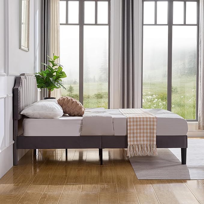 VECELO Queen Bed Frame Upholstered Platform with Tufted Adjustable Headboard/Mattress Foundation/Wood Slat Support,Easy Assembly,Dark Grey
