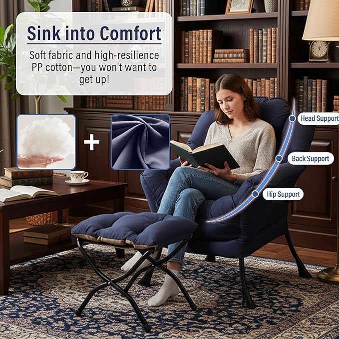 Lazy Chair with Ottoman, Modern Accent Chair with Folding Footrest, Navy Blue Sofa Chair Set, Comfortable Reading Chairs, Oversized Armchairs for Bedroom, Study, Living Room, Courtyard