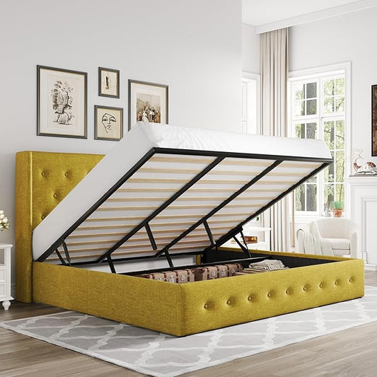 Allewie King Size Lift Up Storage Bed, Button Tufted Headboard with Wingback, Hydraulic Support, No Box Spring Needed, Olive Yellow