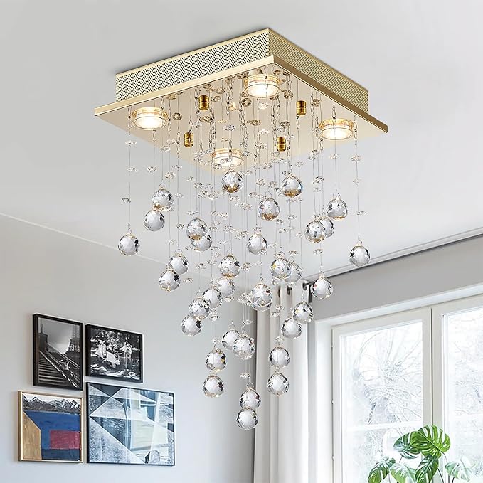 Bestier Gold Modern Crystal Square Raindrop Chandelier Lighting Flush Mount LED Ceiling Light Fixture Pendant Lamp for Dining Room Bathroom Bedroom Livingroom 4 GU10 Bulbs Required 12" Wide 20" High