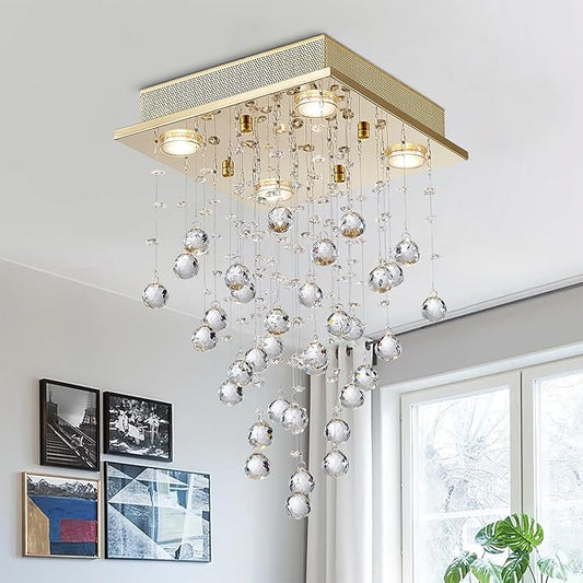 Bestier Gold Modern Crystal Square Raindrop Chandelier Lighting Flush Mount LED Ceiling Light Fixture Pendant Lamp for Dining Room Bathroom Bedroom Livingroom 4 GU10 Bulbs Required 12" Wide 20" High