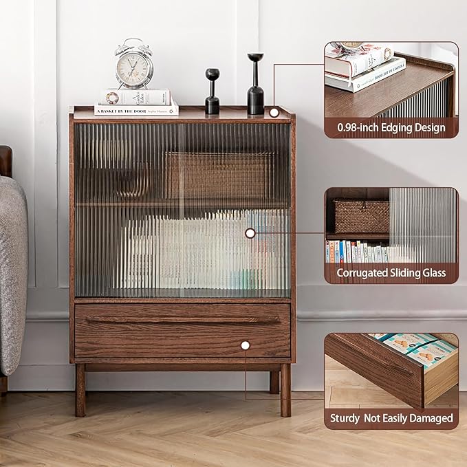 100% Solid Wood Storage Cabinet with Glass Doors and Drawers, Buffet Cabinet with Drawers, Display Sideboard for Living Room, Home Office, Dining Room (Walnut, 25.59" D x 13.78" W x 35.4" H)