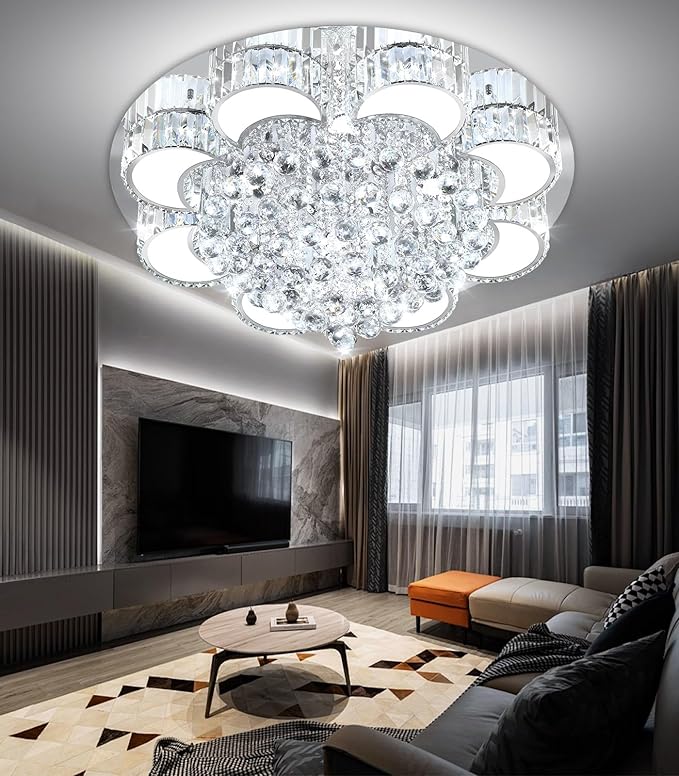 31.4'' Silver Modern Crystal Chandeliers for Dining Room LED Dimmable Light Fixtures Flush Mount Light Living Room Bedrooms