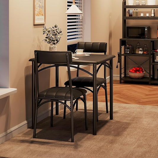 3-Piece Dining Table Set for 2, Kitchen Table Set with 2 Upholstered Chairs, Square Dining Table Set for Apartment, Studio, Small Space, Black