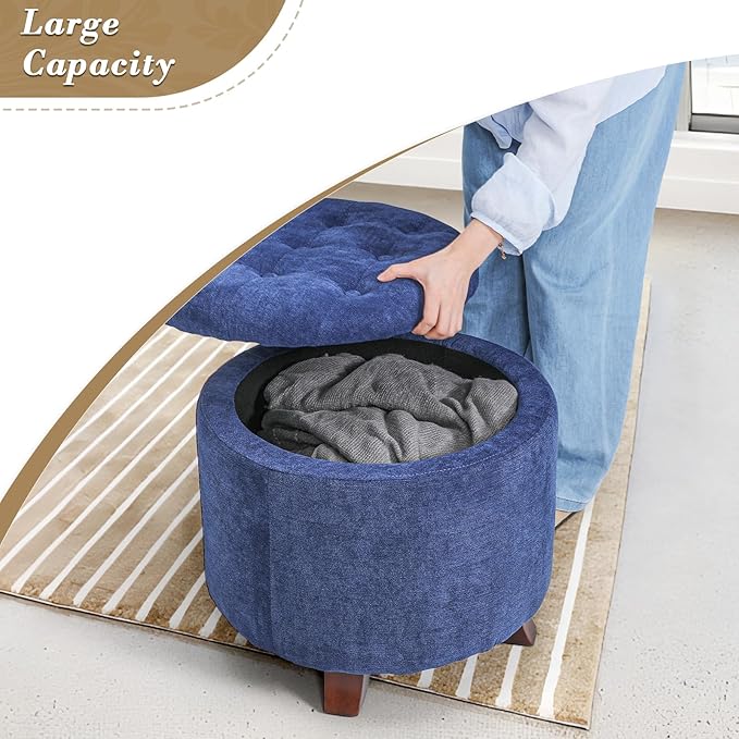 Athena Collection 20 Inch Small Ottoman with Storage, Round Linen Fabric Storage Ottoman with Removable Lid, Stylish Footstool Foot Rest for Living Room, Bedroom, Dorm, Blue
