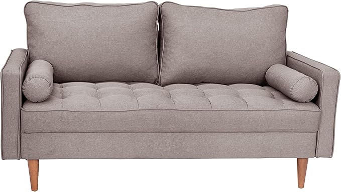 Taylor & Logan Hendrix Tufted Faux Linen Upholstered Mid-Century Modern Loveseat with Solid Wood Legs in Slate Gray