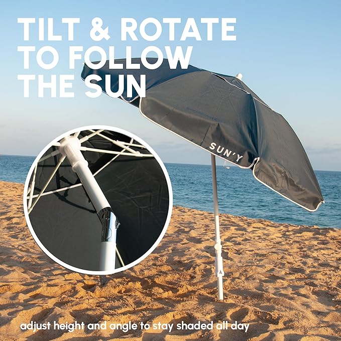 SUN'Y ESCAPES Beach Umbrella - UPF 50+ Recycled Ocean Bound Fabric Canopy, Wind Resistant with Sand Anchor & Tilt - Portable with Carry Bag