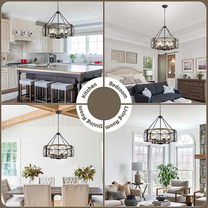 Modern Chandelier for Dining Room, 6-Light Wood Grain Finish Farmhouse Chandelier, 21.6” Brown Rustic Drum Hanging Light Kitchen Island, Round Metal Hanging Light Fixture for Foyer, Entryway, Bedroom