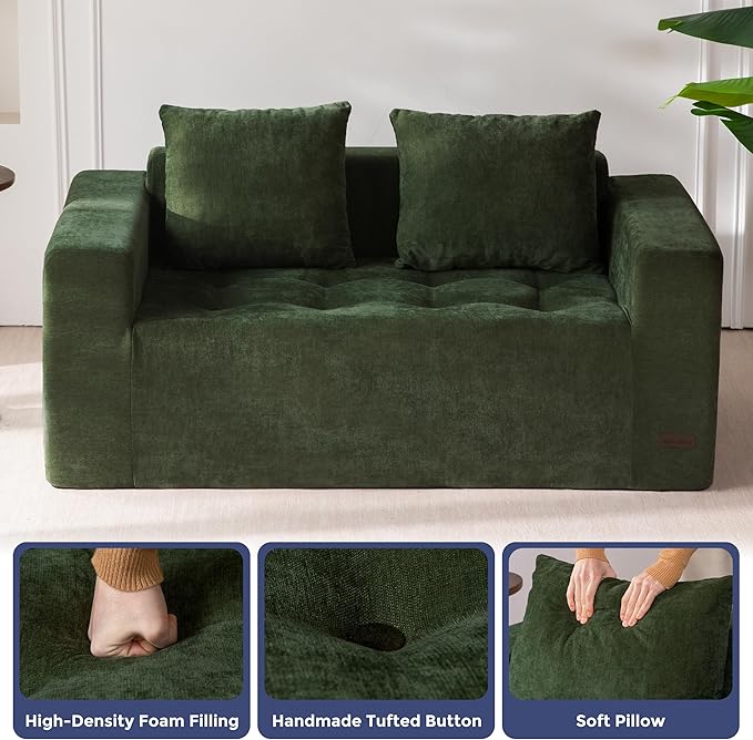 MAXYOYO Modular Sofa Couch, 61" Loveseat Boneless Cloud Couch with Deep Seat, Chenille Upholstered Living Room Sleeper Sofa Chair for Living Room, No Assembly Required, Dark Green