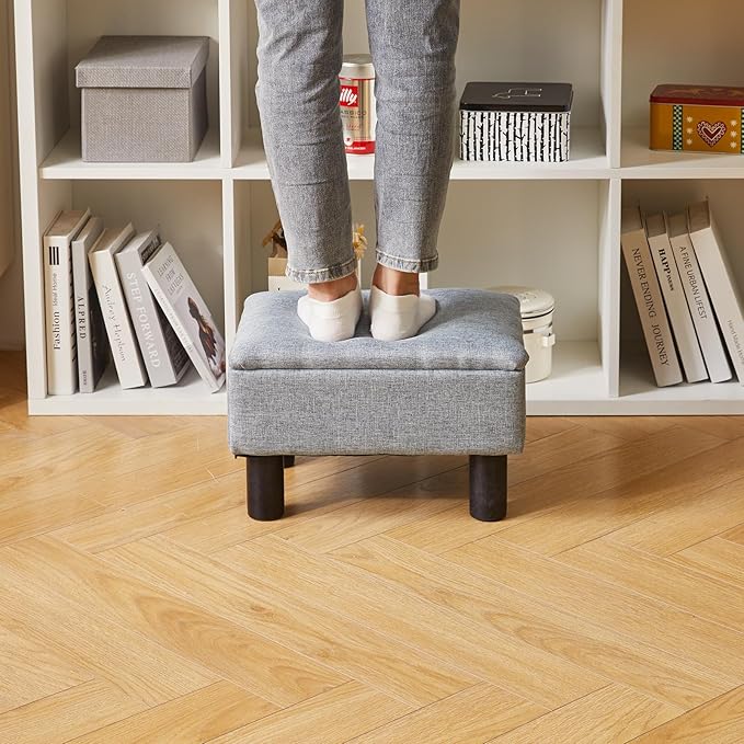 Foot Rest for Couch, Foot Stool Ottoman with Wood Legs, Linen Upholstered Ottoman with Storage 16x12x9.5inch Flip Top Small Stool for Living Room Dorm Blue Gray YD-JD1362