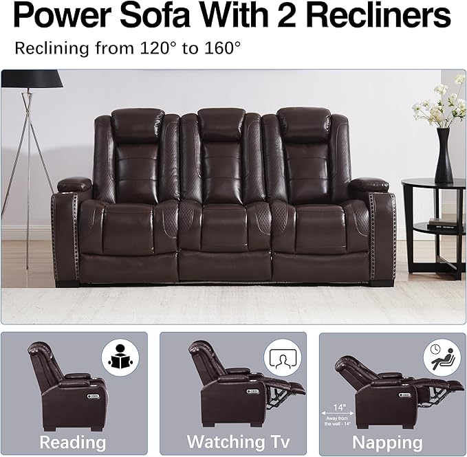 THSUPER Brown Leather Power Recliner Sofa Couch with Arm Storage and Power Headrest, Leather Living Room Reclining Couch with Cup Holders and Wireless Charging. | LED ambient light, Reading light, Hidden outlet, USB and Type-C port