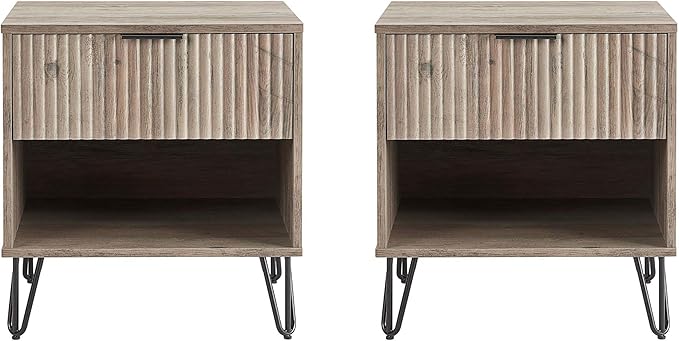 Manhattan Comfort Dumbo Modern Nightstand 1.0 with 1 Drawer and Metal Feet | Splayed Black Legs | Vertical Ribbed Design | No Tool Assembly Storage for Bedroom & Living Room, Set of 2, Rustic Grey