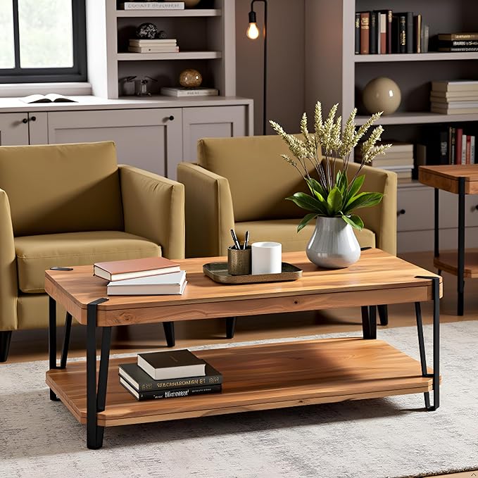Ryegate Large Coffee Table, 48 Inch Natural Solid Acacia Wood with Unique Live Edge and Metal Frame, Industrial Modern Style, Durable Construction with Clear Natural Finish, Ideal for Living Room