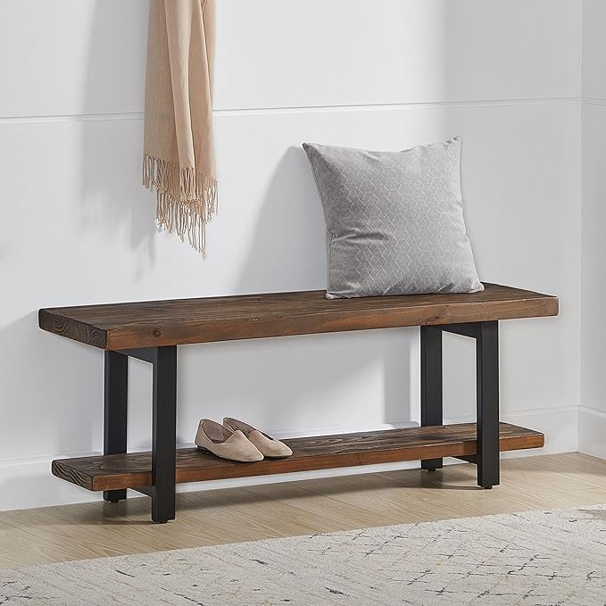 Alaterre Furniture Pomona Entryway Organizer – Modern Rustic 48-Inch Solid Wood Bench & Wall Mounted Coat Hook Set – Space-Saving Mudroom & Hallway Storage for Jackets, Bags & Shoes (Rustic Brown)