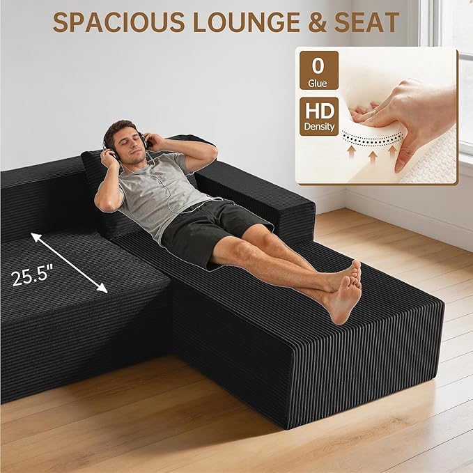 Nigoone 103" Cloud Sectional Sofa, Boneless L-Shape Couch with Chaise, Modern Minimalist Modular Couch for Living Room, Free Combination, Deep Seat, No Assembly Required, Premium Corduroy, Black, R