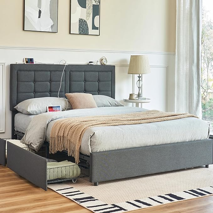 VECELO Queen Size Bed Frame with 4 Drawers, Adjustable Tufted Button Headboard, Upholstered Platform with Wood Slats Support, Built-in USB and Type C Ports, Dark Gray