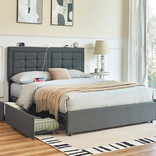 VECELO Queen Size Bed Frame with 4 Drawers, Adjustable Tufted Button Headboard, Upholstered Platform with Wood Slats Support, Built-in USB and Type C Ports, Dark Gray