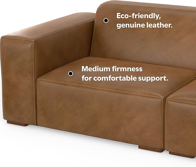 SIMPLIHOME Rex 2-Seater Modular Sofa in Full-Grain Genuine Leather, Caramel Brown, 88-inches Wide, Handcrafted Leather Loveseat Sofa for Living Room