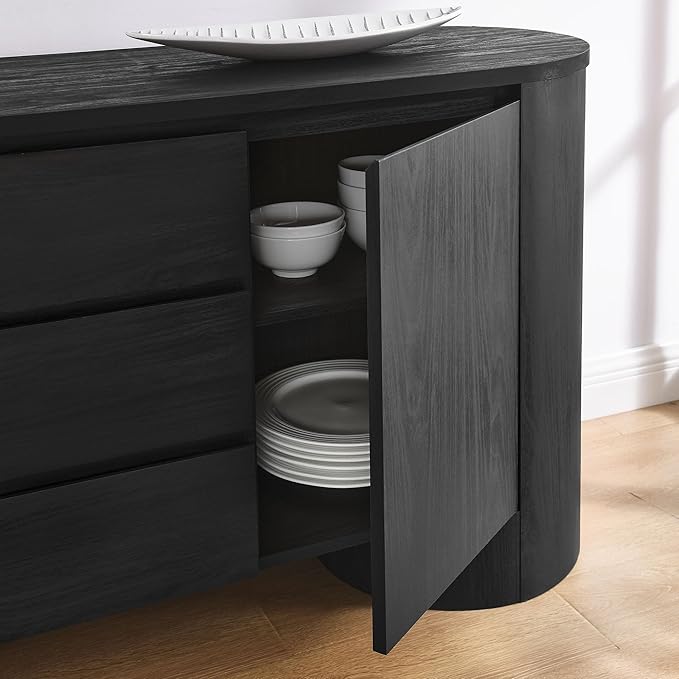 Modway Duval Oval Wood Grain 71 Inch Sideboard with Doors and Drawers in Black