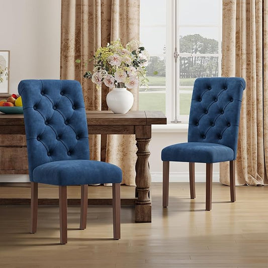 Upholstered Tufted Dining Room Chairs Set of 2, Parsons Kitchen Chairs with Padded Seat and Solid Wood Legs, Fabric Accent Side Diner Chair for Dining Room/Kitchen/Living Room, Blue