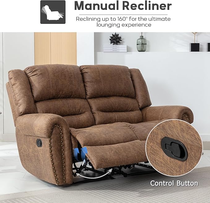 EBELLO Faux Leather Manual Loveseat Recliner, 2 Seat Reclining Sofa Chair with Soft Padded Seat Backrest, Couch Sofa Set for Living Room, Bedroom Furniture, Meeting Room, Brown (Loveseat)
