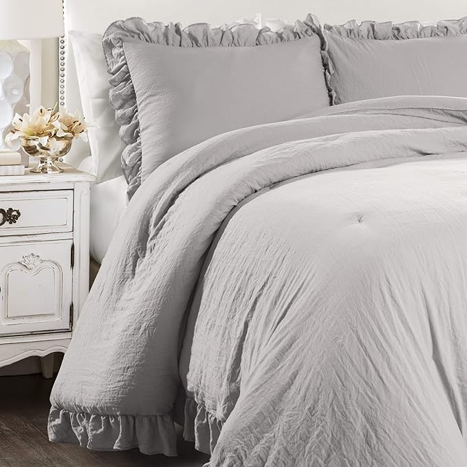 Lush Decor Reyna Ruffle Comforter Set, King, Light Grey, 3 Piece Cozy Bedding Set