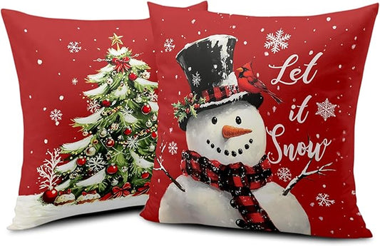Red Christmas Pillow Covers Snowman Throw Pillow Covers Xmas Tree Pillow Case 16x16 Winter Snowflakes Cotton Blend Cushion Case for Holiday Decor Couch Sofa 2 Pack