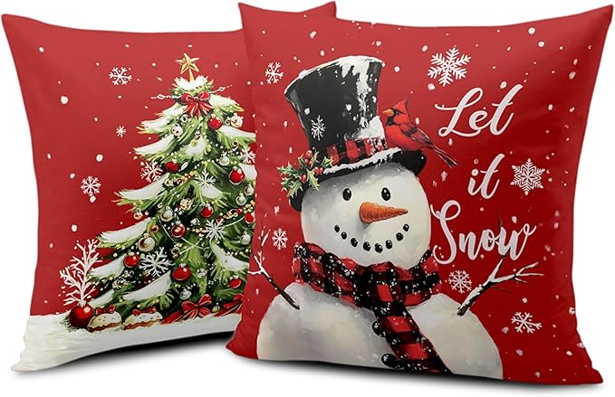Red Christmas Pillow Covers Snowman Throw Pillow Covers Xmas Tree Pillow Case 24x24 Winter Snowflakes Cotton Blend Cushion Case for Holiday Decor Couch Sofa 2 Pack