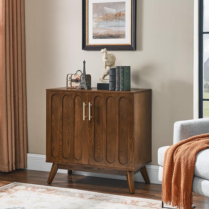 Ball & Cast 32" Mid Century Modern Sideboard Cabinet with Storage, Fluted Buffet Credenza Cabinet with Solid Wood Legs & Adjustable Shelf for Living Room, Entryway, Kitchen Coffee Bar, Walnut