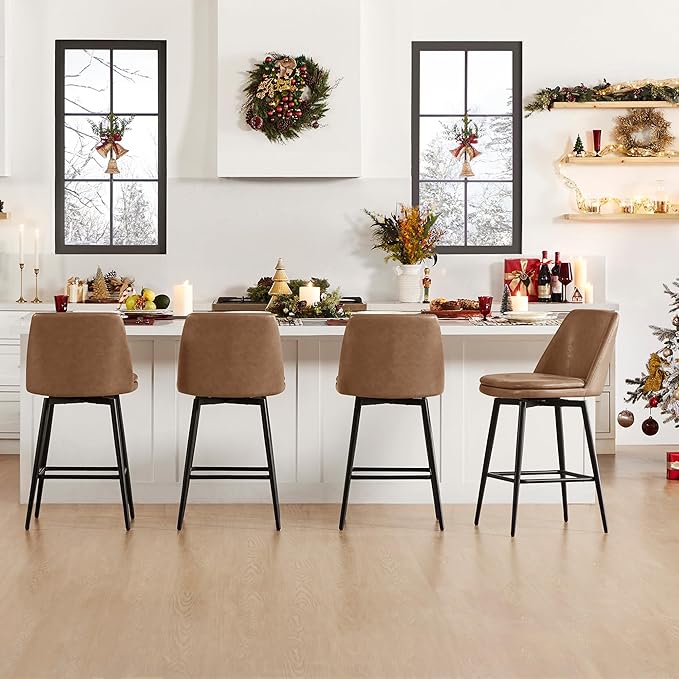 CHITA Swivel Bar Stools, 27.2" Counter Height Bar Stools Set of 2, FSC Certified Upholstered Modern Counter Stools, Metal Legs, Faux Leather, Saddle Brown