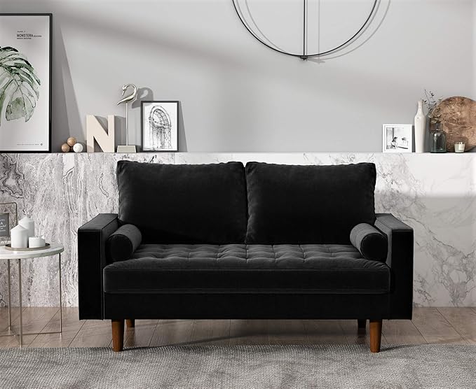 Container Furniture Direct Womble 58 Inch Velvet Loveseat Sofa with Elegant Button Tufted Upholstery, Square Arms, Splayed Wood Legs, Includes Matching Bolster Pillows, Midnight